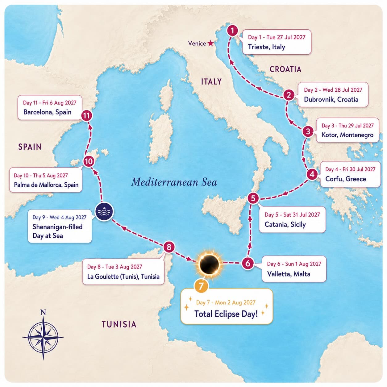 Croisière Eclipse Totale en Méditerranée 2027 map