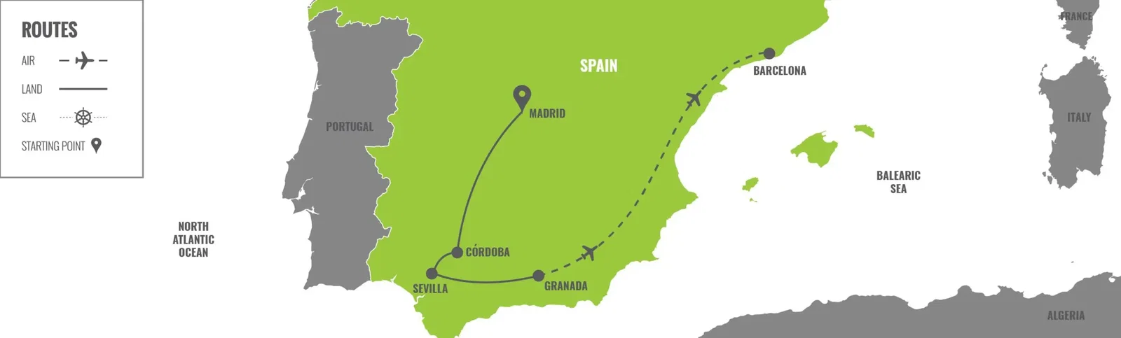 Spain: Madrid, Sevilla & Barcelona  map