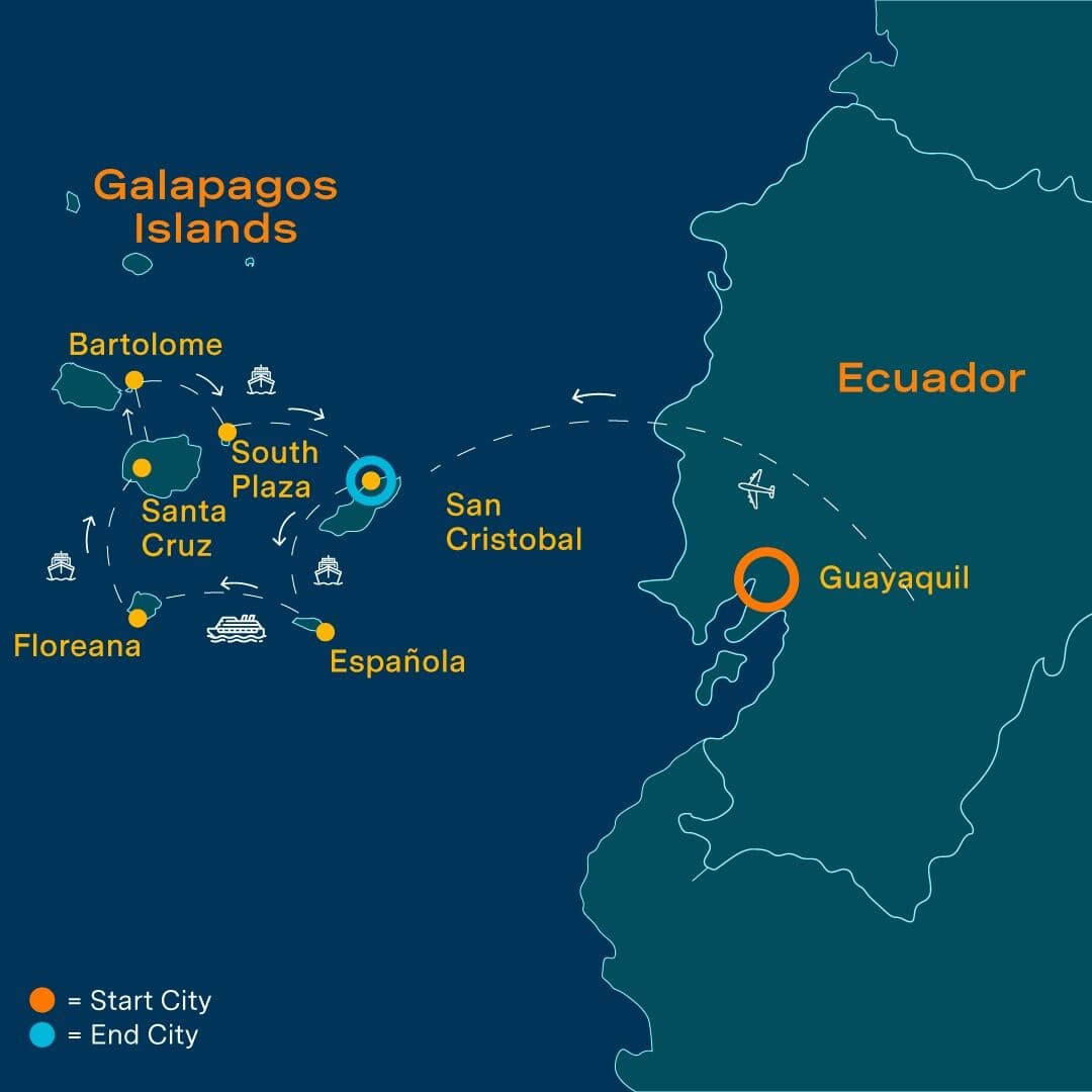 Galapagos: A World Alive – 7 Night Luxury Galapagos Cruise Aboard Evolve map