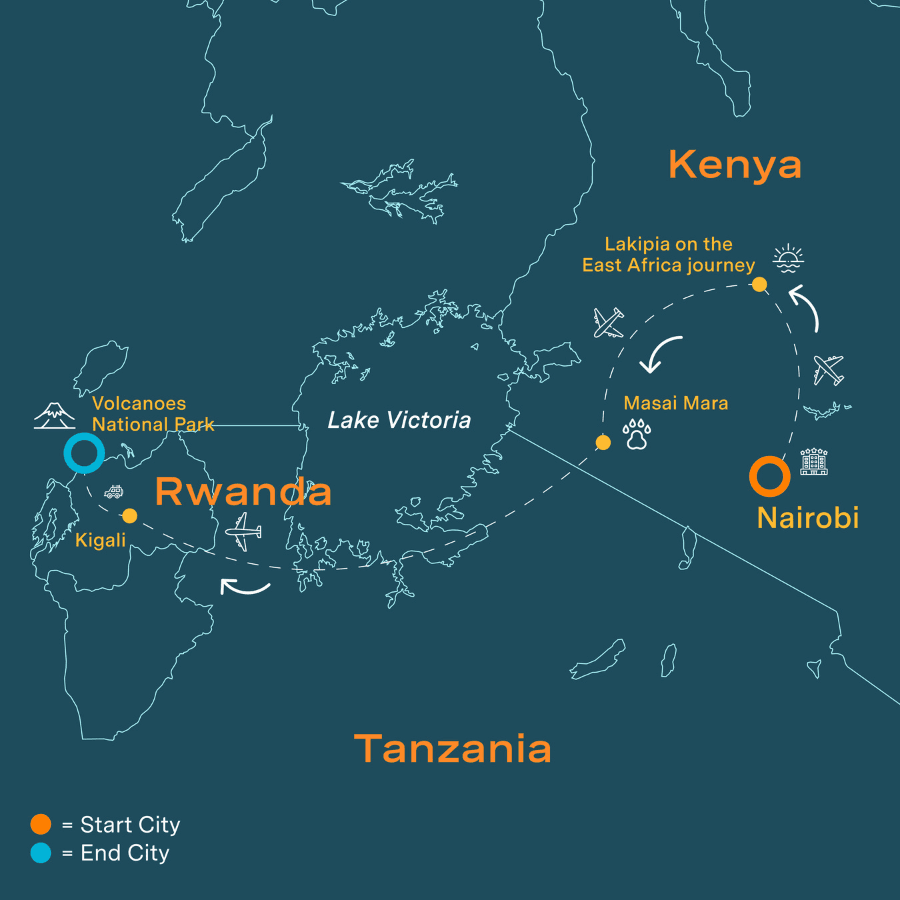 Safaris de luxe au Kenya et randonnée avec les gorilles au Rwanda map