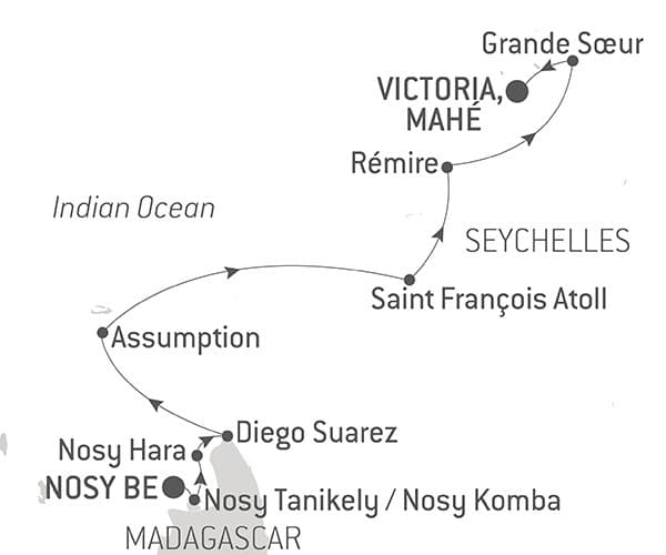 Croisière du Nouvel An de Madagascar aux Seychelles map