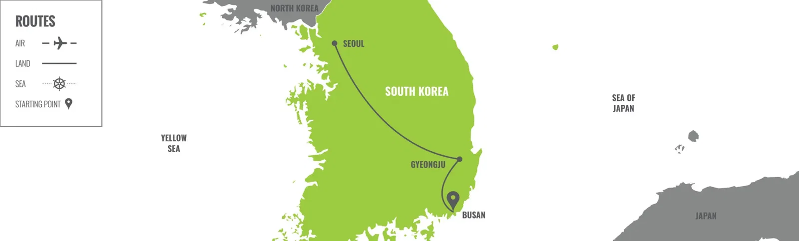 South Korea: Busan to Seoul  map
