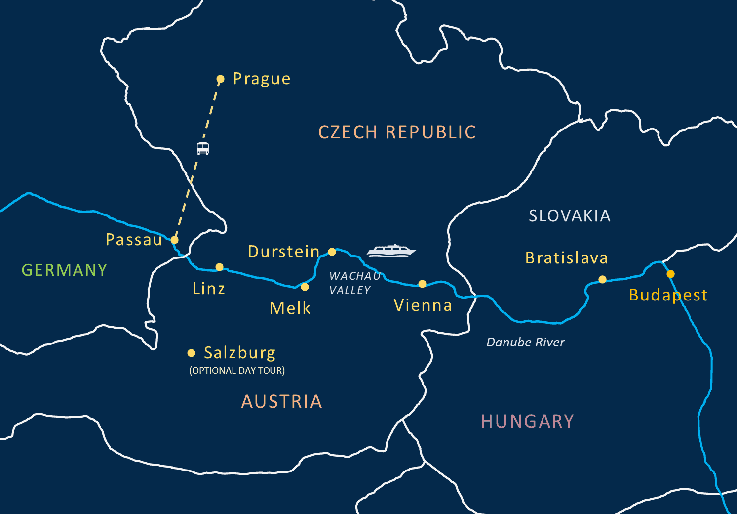 Prague et croisière sur le Danube map