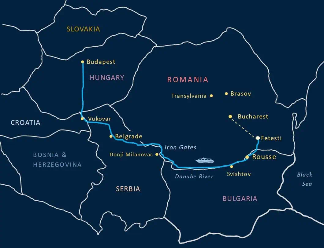 2028 Bucharest to Budapest Danube River Cruise map